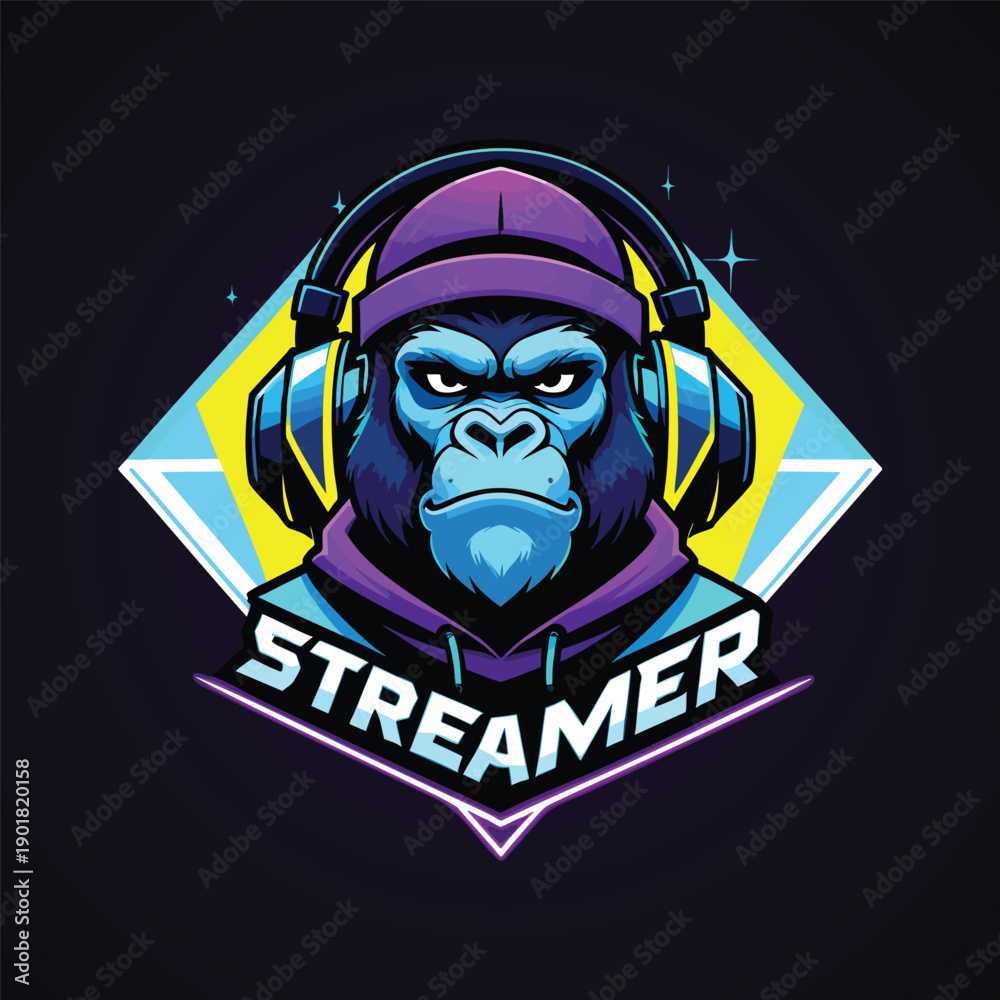 Αυτοκόλλητο Modern Cool Gorilla Head Mascot Streamer Logo with Headphone Character