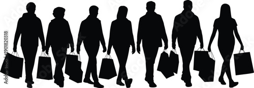 Diverse group of people in silhouette carrying shopping bags walking together against a white background representing consumerism and retail activity