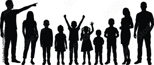 Diverse group of people in silhouette including adults and children standing together in a line against a white background