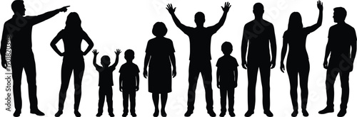 Diverse group of people including adults and children in silhouette with raised hands and pointing gestures against a white background signifying celebration and direction