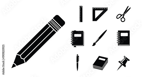 Stationery and office supplies depicted in a black and white illustration