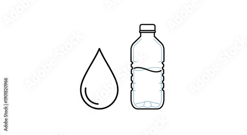 An illustration of a water bottle and a droplet on a plain white background viewed from the front