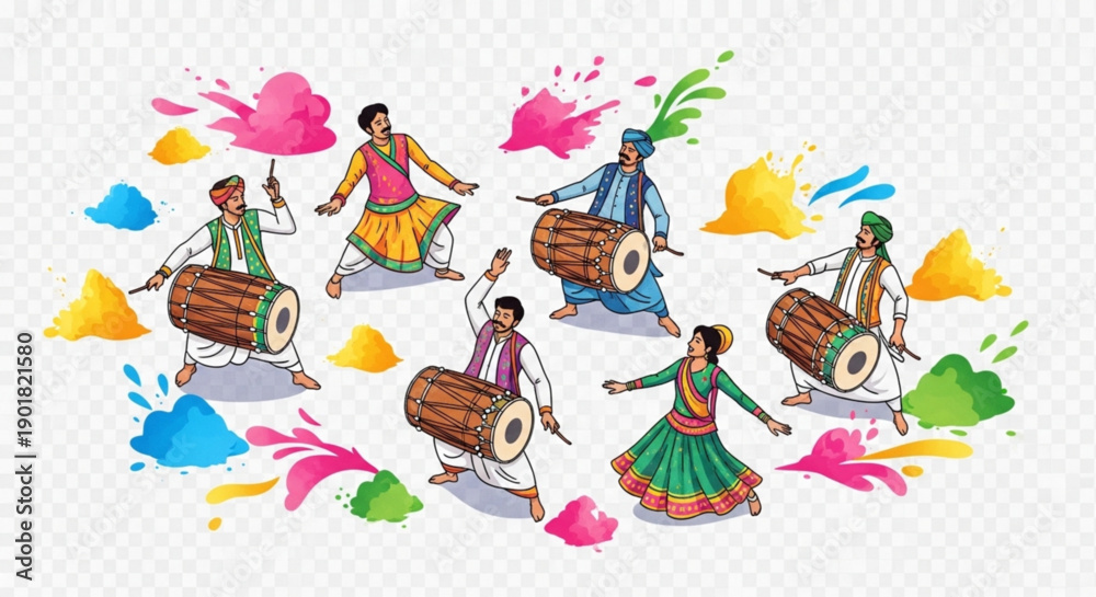Naklejka premium Indian musicians playing dhol drums and celebrating Holi festival with colorful powder splashes traditional folk music performance