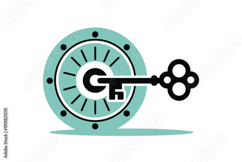 A vector graphic illustration of a key inserted into a safe lock with a teal and black design