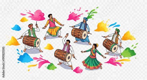 Indian musicians playing dhol drums and celebrating Holi festival with colorful powder splashes traditional folk music performance