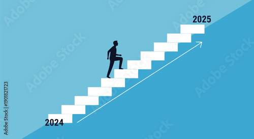 Businessman silhouette climbing upward stairs representing progress toward the year 2025 goals