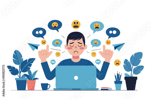 Cartoon Style Smiling Shopkeeper Working at Checkout Counter Illustration