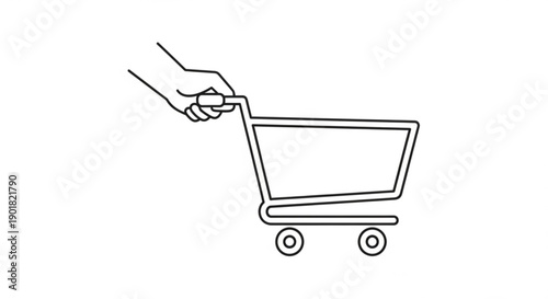 A hand grasping the handle of an empty shopping cart viewed from the side in a simple illustration