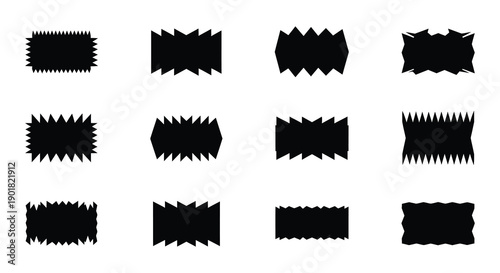 Eight black jagged edged square shapes arranged in a two by four grid