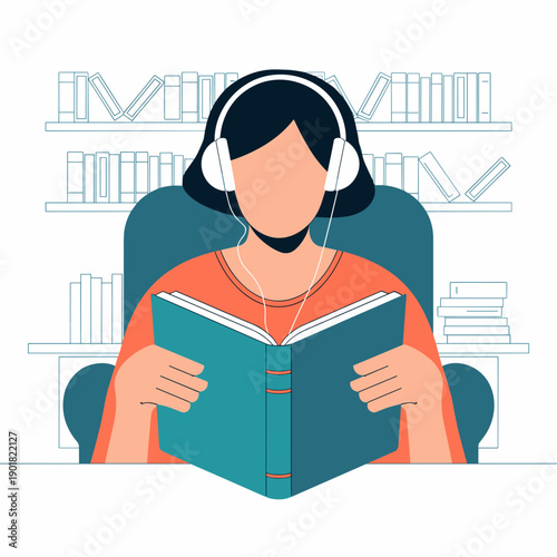 Woman listening to music while reading a book in library  