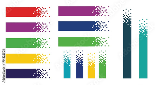 A collection of colorful digital graphic elements with a pixelated disintegration effect, including horizontal bars and vertical columns.
