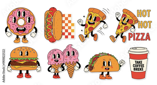 A collection of cartoon-style fast food items with anthropomorphic features, including a donut, hot dog, pizza slices, burger, ice cream cones, taco, and coffee cup.