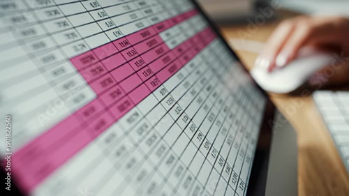 Spreadsheet on laptop screen with hand using mouse for data entry
