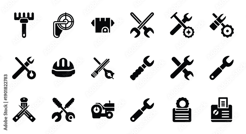 Fototapeta premium Collection of black construction and repair tool icons on white background