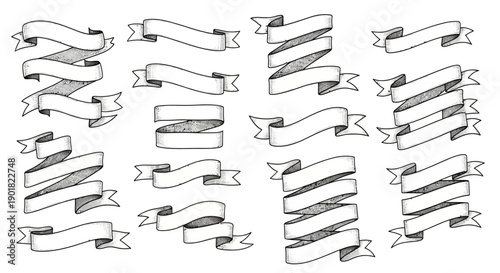 A collection of hand-drawn, vintage-style banners and ribbons with a sketched aesthetic, presented in a grid layout.