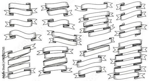 A collection of hand-drawn banners and ribbons in various styles and orientations, perfect for graphic design elements.