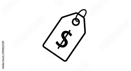 Simple line drawing of a price tag with dollar sign on white background