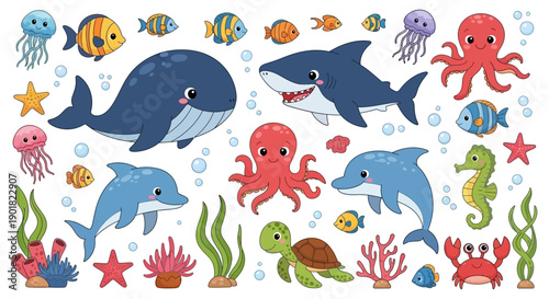 A vibrant collection of cute cartoon marine animals and underwater plants, including a whale, shark, dolphins, octopus, jellyfish, seahorse, turtle, and crab.
