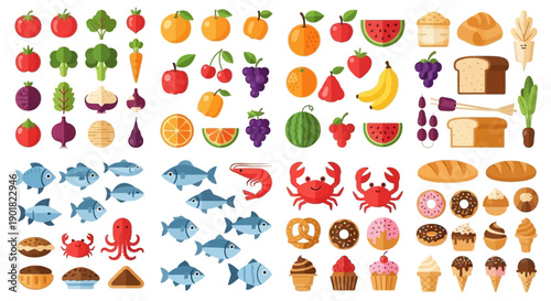 A vibrant collection of diverse food items, including fruits, vegetables, seafood, baked goods, and sweets, presented in a colorful flat design.