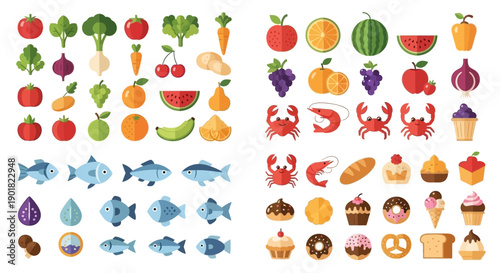 A vibrant collection of colorful flat design icons representing a wide variety of fruits, vegetables, seafood, baked goods, and other food items.