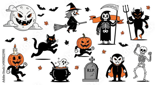 A collection of spooky and fun Halloween-themed cartoon illustrations featuring classic characters and symbols.