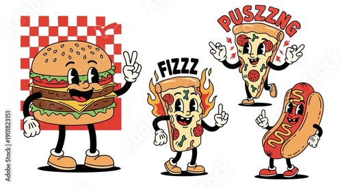 Vintage cartoon fast food characters including a happy hamburger, two pizza slices, and a hot dog with faces and limbs, in a retro animation style.