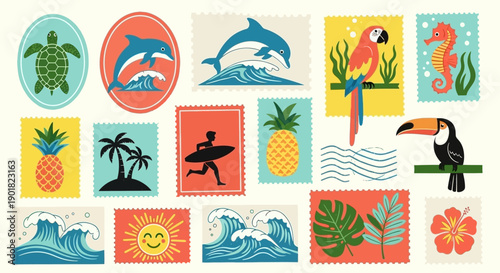 A vibrant collection of postage stamps featuring tropical themes like sea creatures, fruits, birds, and beach activities.