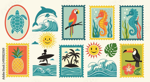 A vibrant collection of tropical summer illustrations featuring marine life, beach scenes, and exotic birds, designed in a vintage stamp style.