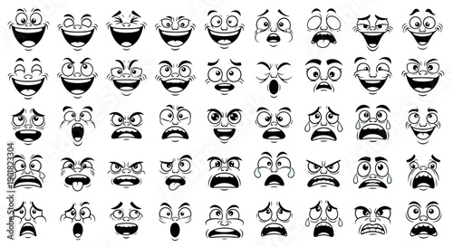 A large collection of diverse cartoon facial expressions, showcasing a wide range of emotions and styles.