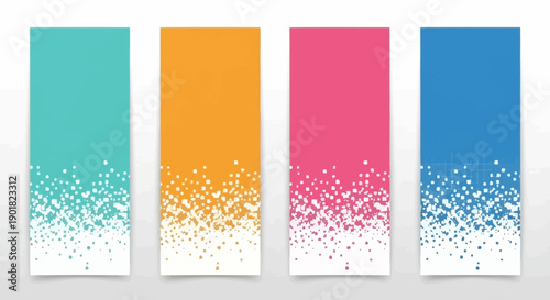 Four colorful vertical banners with white splatter effect at the bottom, ideal for abstract backgrounds or modern design elements.