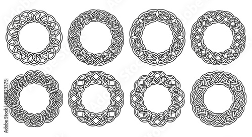 A collection of eight intricate circular Celtic knot patterns in monochrome, suitable for decorative design elements and cultural themes.
