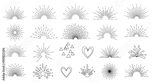 Collection of various sunburst, starburst, heart, and geometric line art designs for decorative purposes.