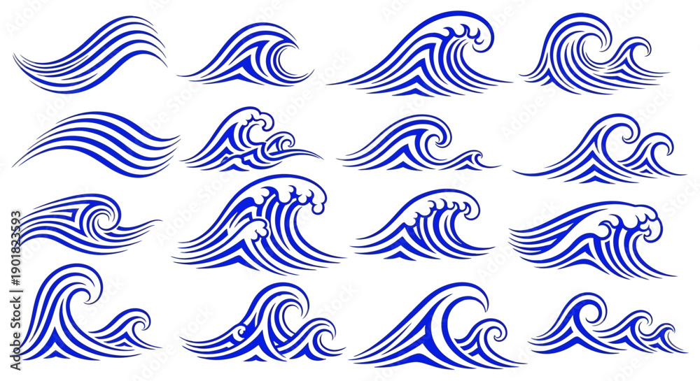 Fototapeta premium A collection of stylized blue wave illustrations, showcasing various dynamic shapes and movements of water.