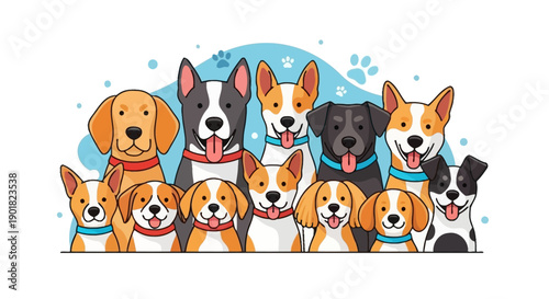 A diverse group of happy cartoon dogs of various breeds standing together with paw prints in the background.