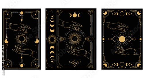 Three mystical tarot card designs with hands holding a sun, surrounded by celestial elements and ornate golden frames on a black background.