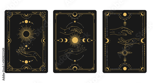 Three mystical tarot cards with celestial and hand motifs on a black background, featuring sun, moon, and stars in gold.