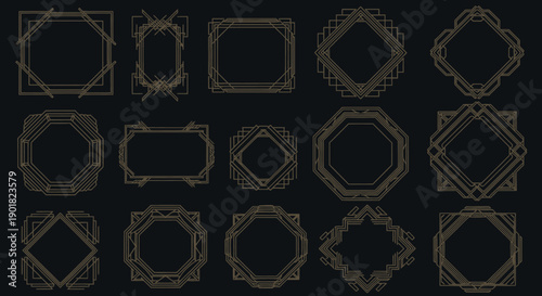 A collection of intricate Art Deco style geometric frames and borders on a dark background, featuring various shapes and elegant line patterns.