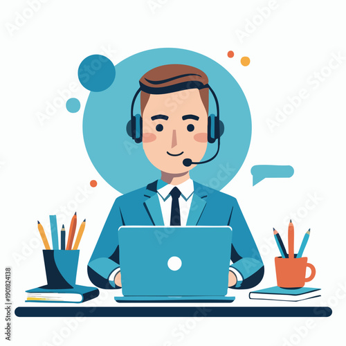 Cartoon Style Smiling Shopkeeper Working at Checkout Counter Illustration