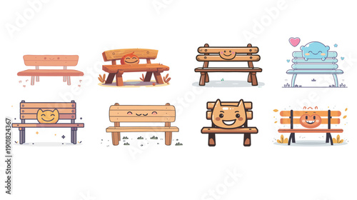 Cute cartoon smiling bench character, bold vector illustration in playful kids style