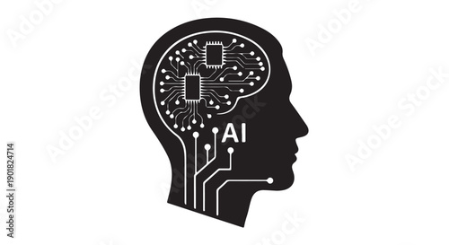 Artificial Intelligence Human Head Silhouette with Circuit Board Design in Monochrome Minimalist Style for Technology
