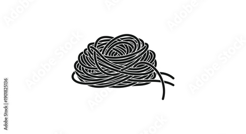 A black and white illustration depicts a tangled knotted mass of dark coiled rope or yarn high quality
