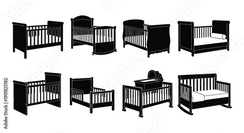 Black and white silhouettes of various baby crib designs