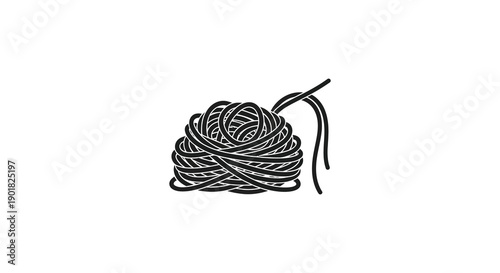 A simple black and white illustration depicts a tightly wound ball of yarn with trailing ends high quality