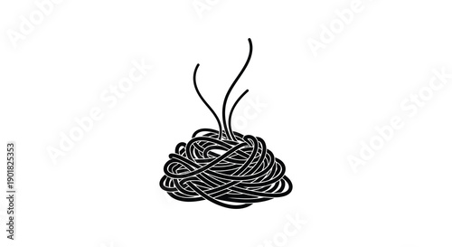 A minimalist black and white illustration depicts a tangled nest or a chaotic collection of thin curving lines high quality
