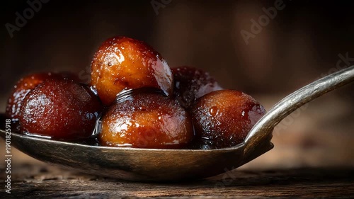 Wallpaper Mural Close up of delicious traditional Indian Gulab Jamun dessert in shiny syrup on spoon. Torontodigital.ca