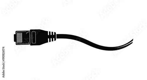 A minimalist black and white illustration depicts a single ethernet cable showcasing its connector and curved cable high quality professional