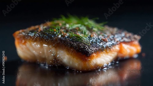 Perfectly Seared Salmon Fillet with Crispy Skin and Fresh Dill Garnish on Dark Background.