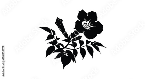 A striking black and white silhouette depicts a blossoming hibiscus flower with delicate leaves and stem high quality