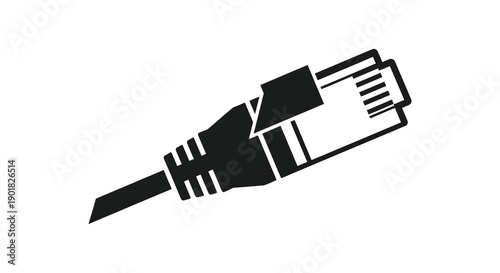 A simple black and white graphic depicts an ethernet cable connector symbolizing data transmission and network connectivity