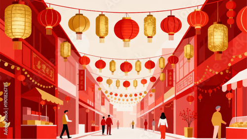 Red Chinese New Year lanterns hanging inside a traditional temple at night